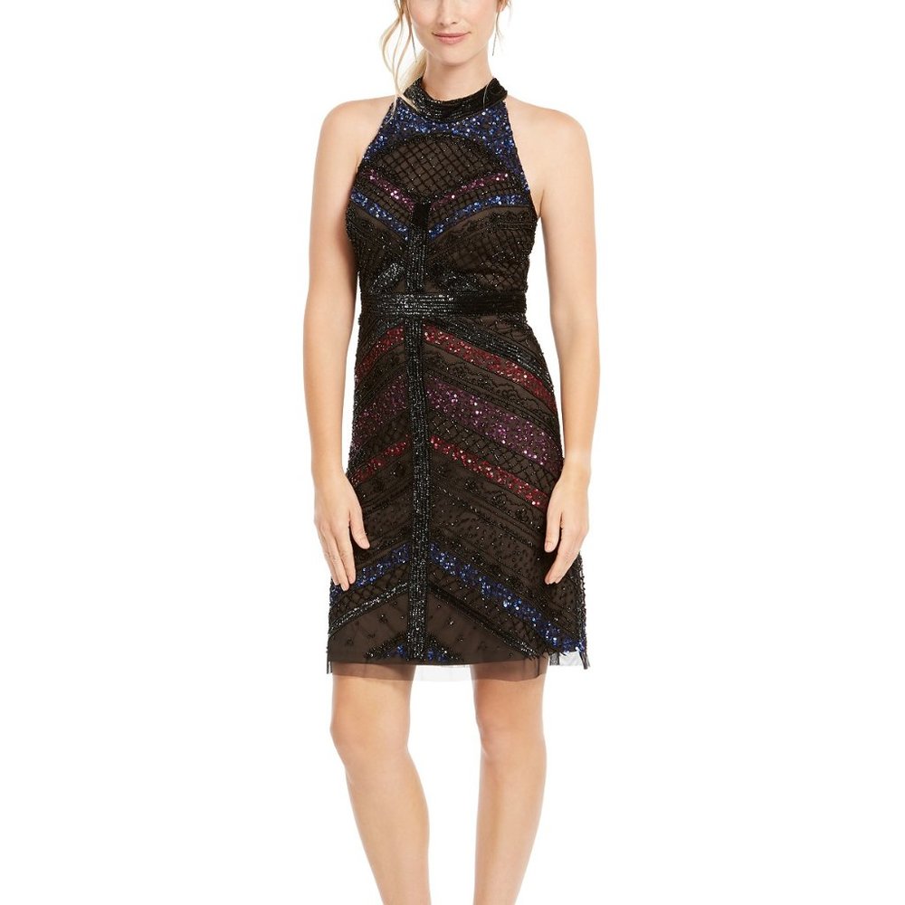 Adrianna Papell Beaded Halter Rainbow Dress Black